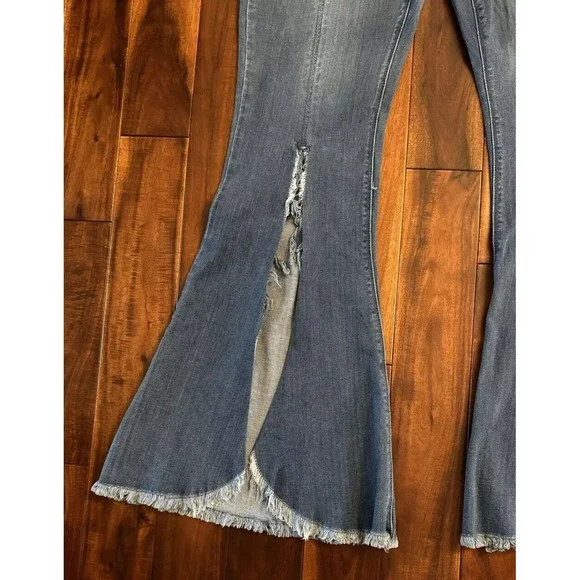 Eva Longoria Flare Distressed Slit Women’s Blue Denim Jeans Size 12 - Picture 3 of 16